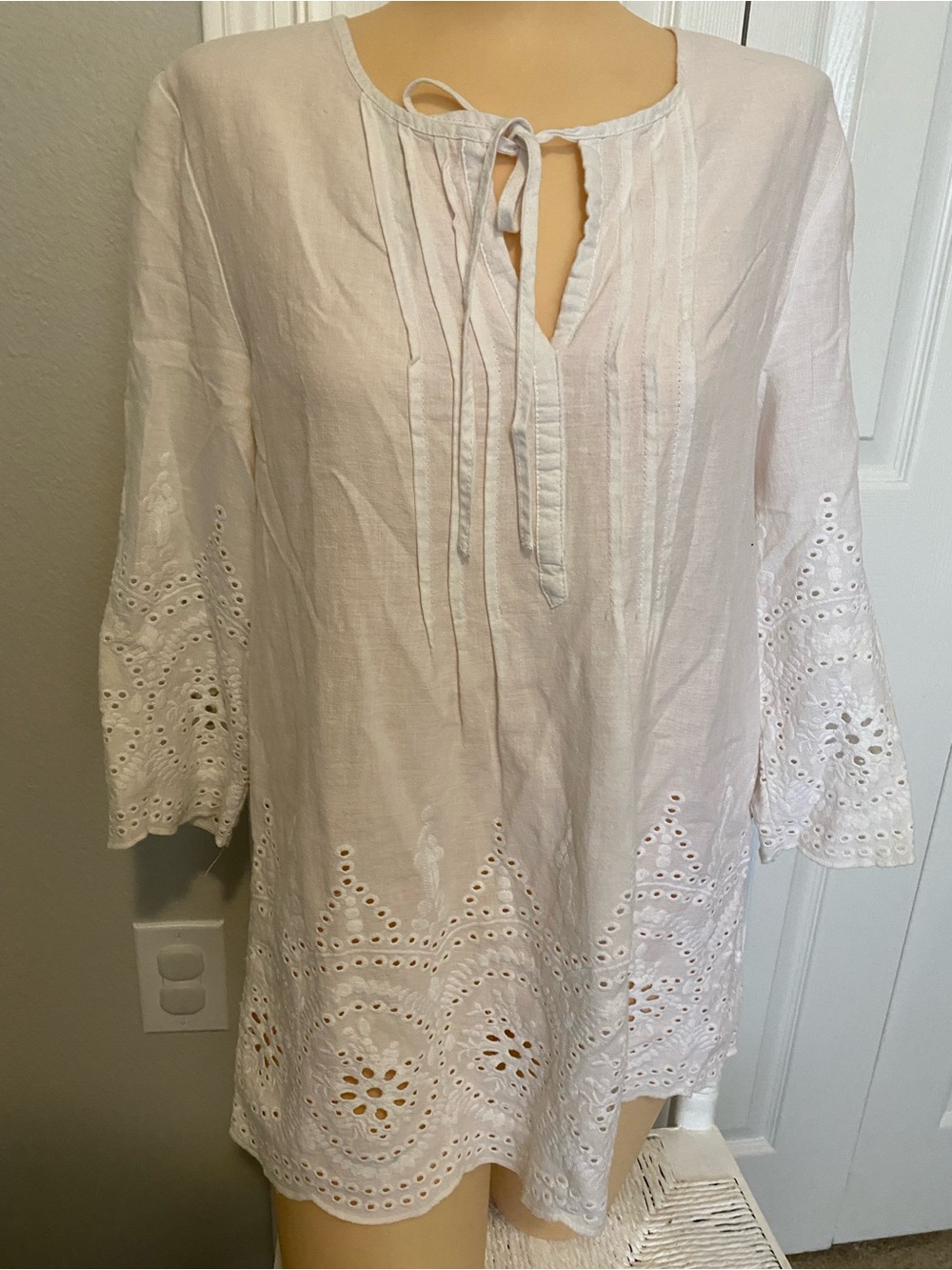 Marina Luna White Eyelet Tie-Neck Tunic